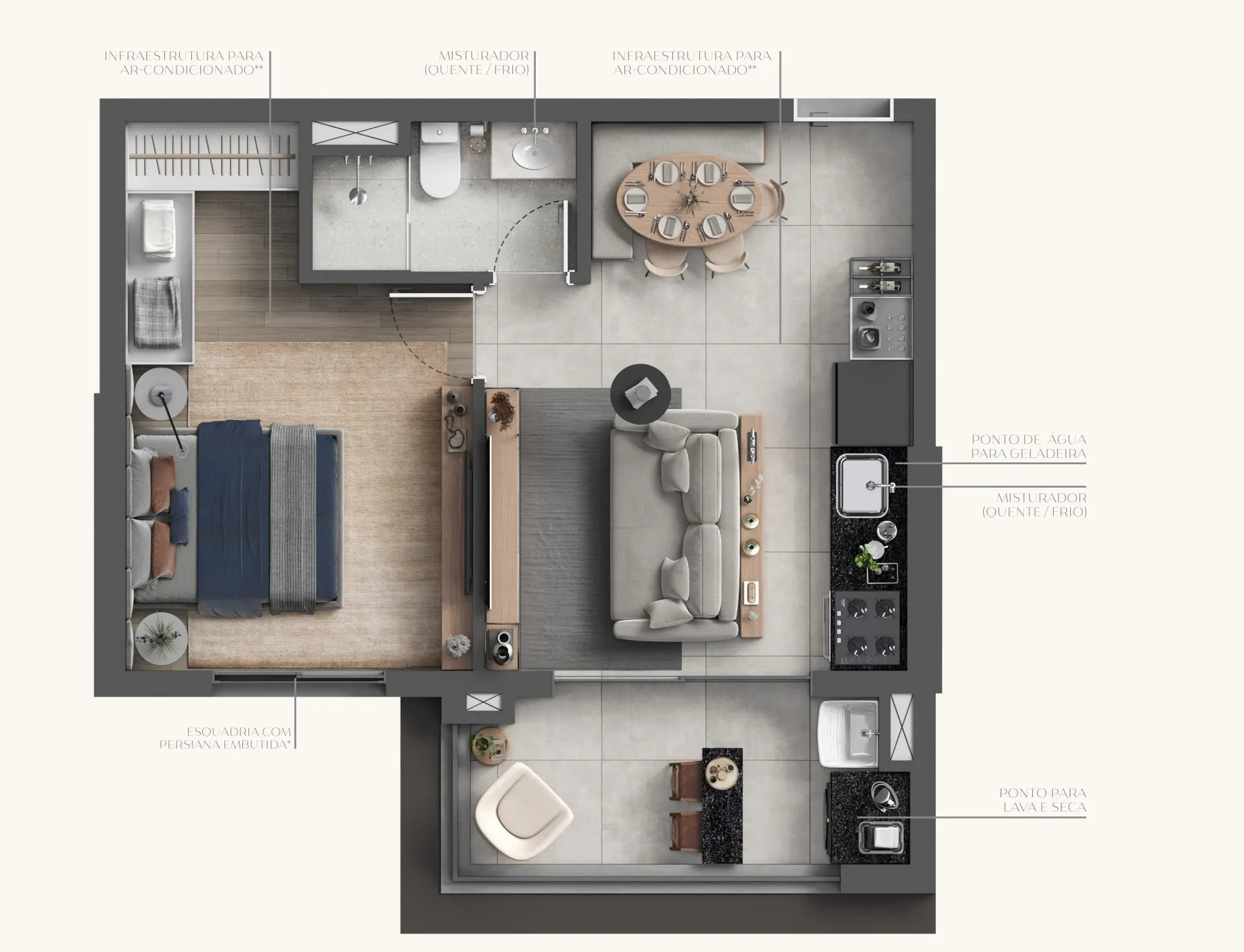 Planta Tipo 43m² - Studio compacto e funcional