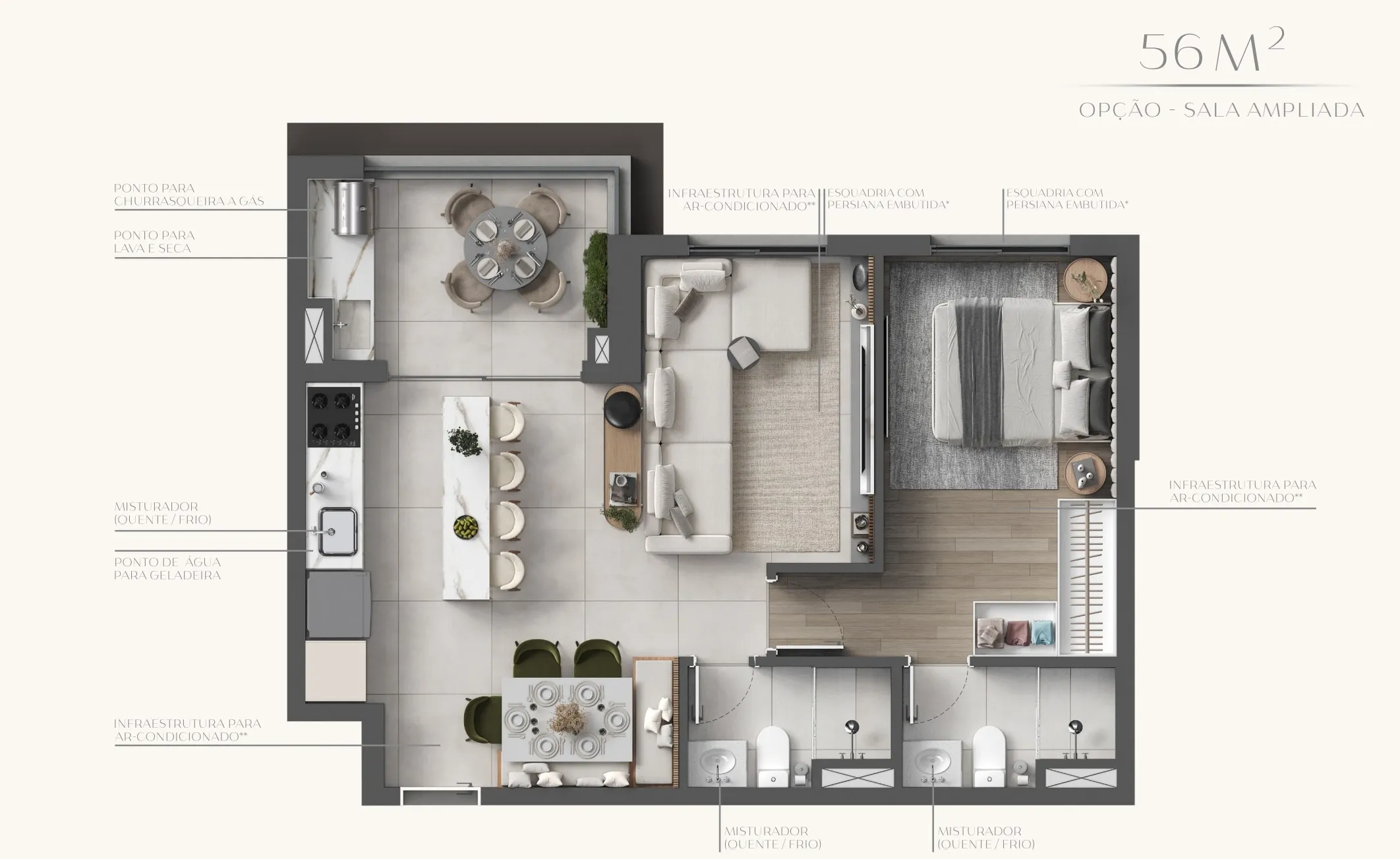 Planta 56m² Sala Ampliada - Versão com living expandido