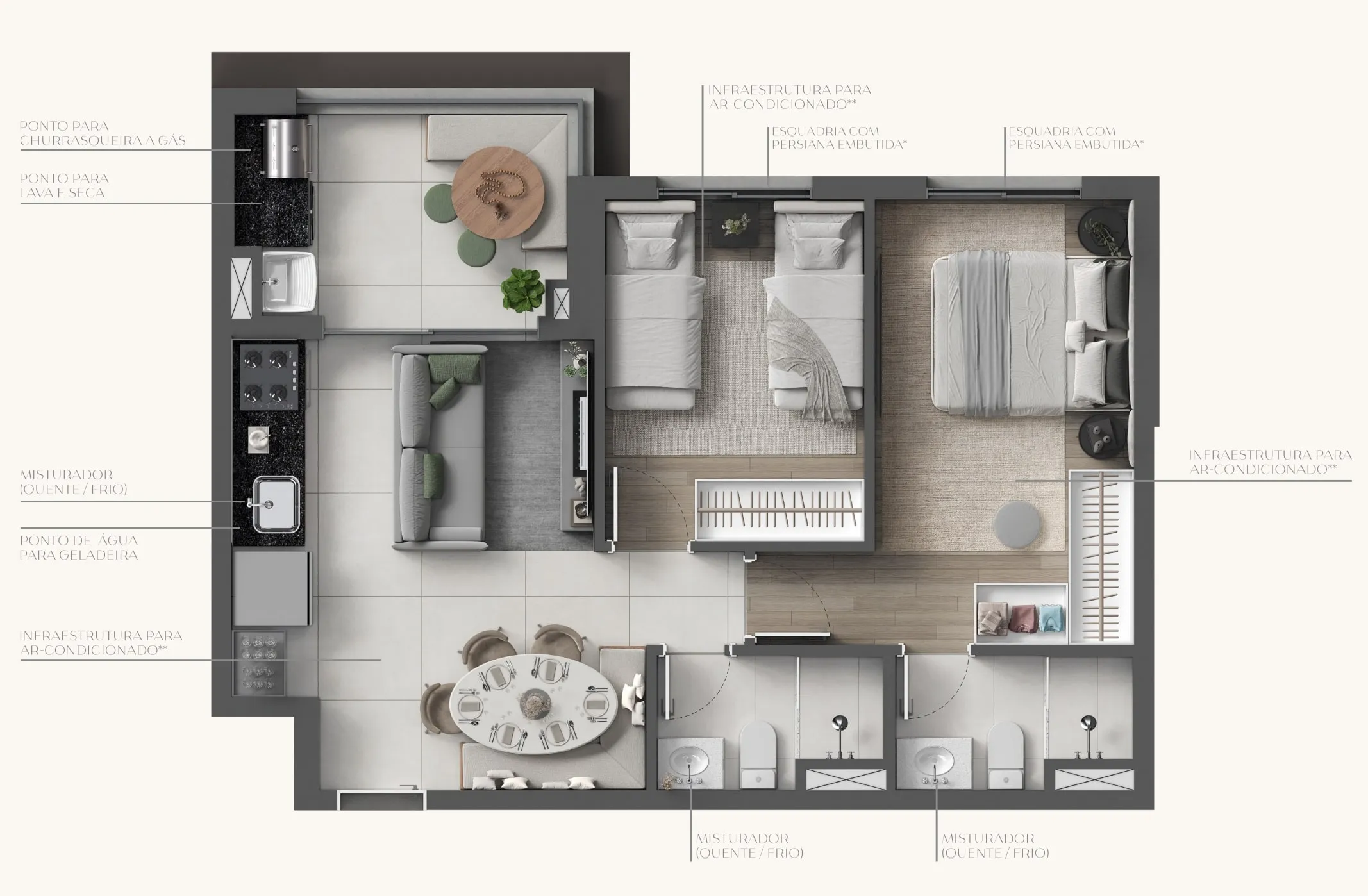 Planta Tipo 56m² - 1 suíte com living amplo