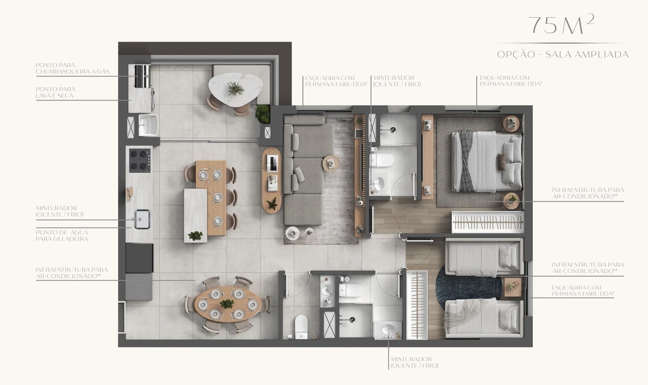 Planta 75m² Sala Ampliada - Versão com living expandido