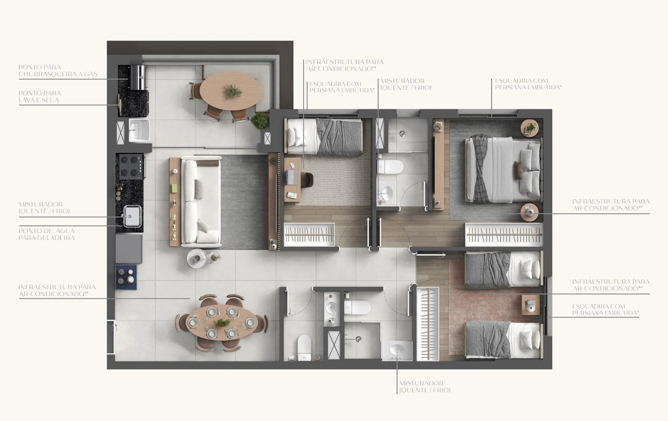 Planta Tipo 75m² - 2 suítes com áreas generosas