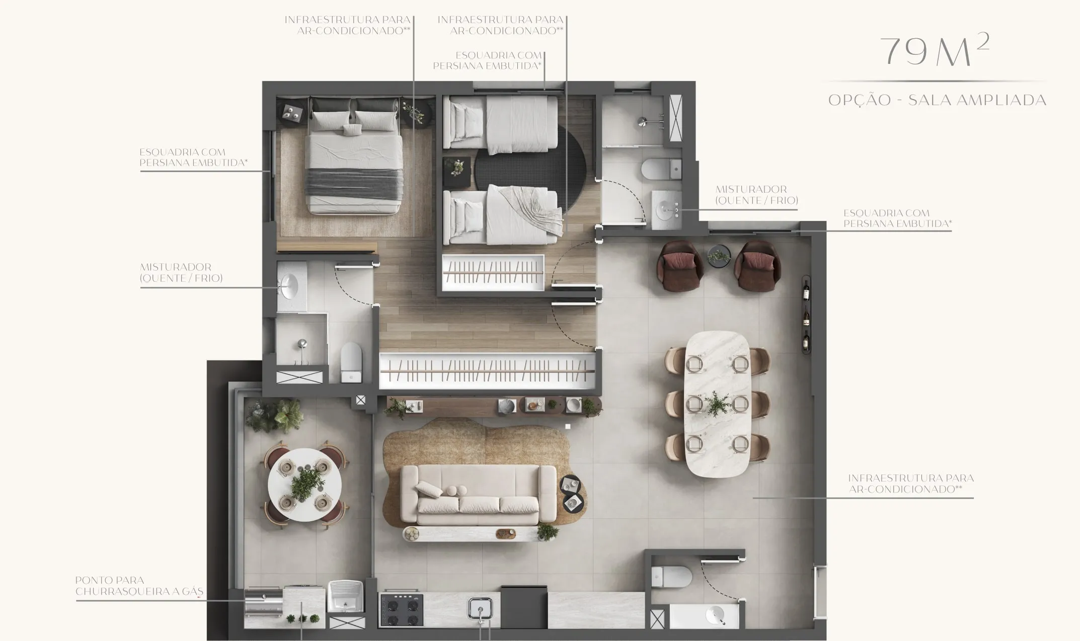Planta 79m² Sala Ampliada - Versão premium com living expandido