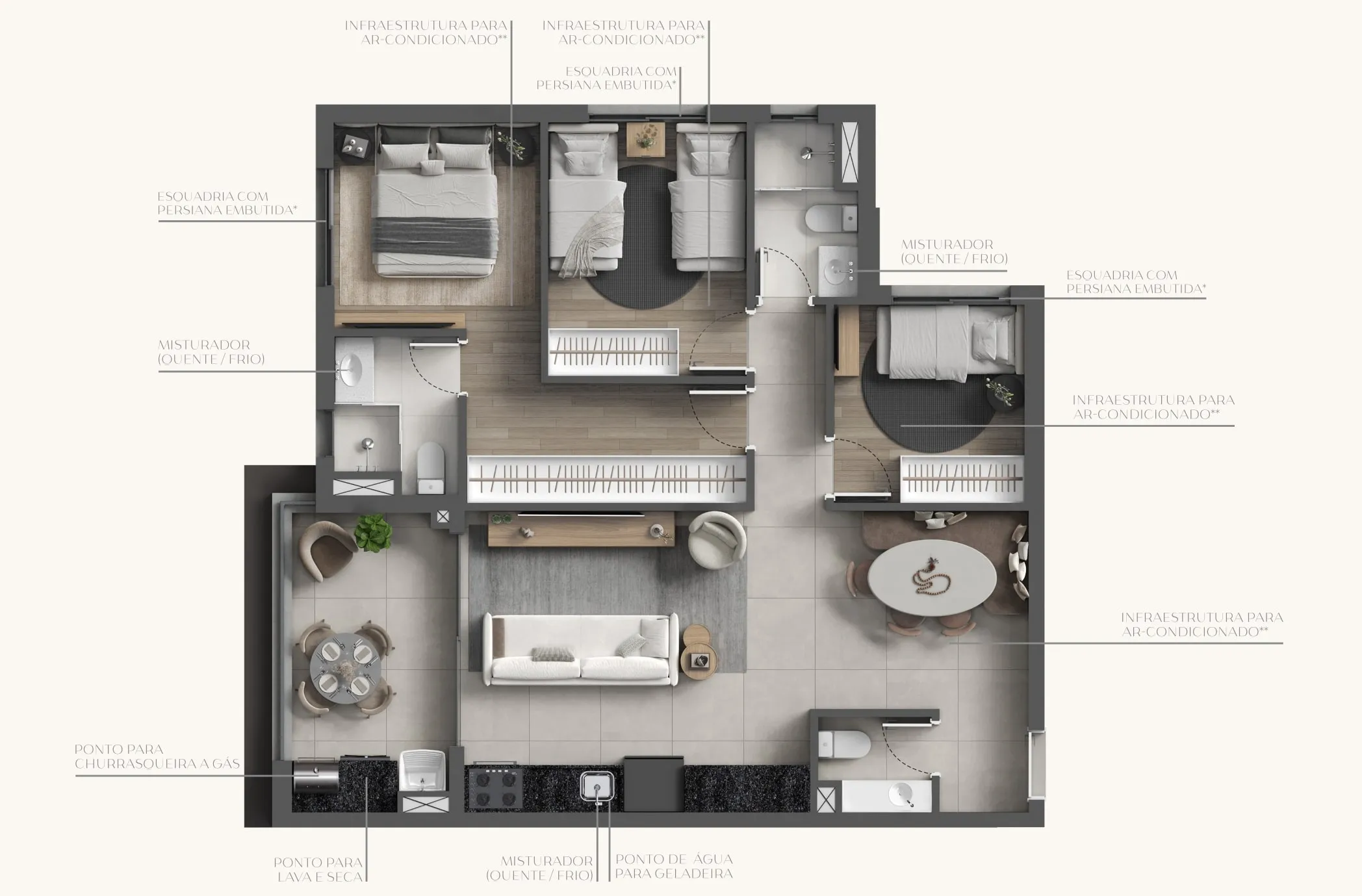 Planta Tipo 79m² - 2 suítes mais escritório