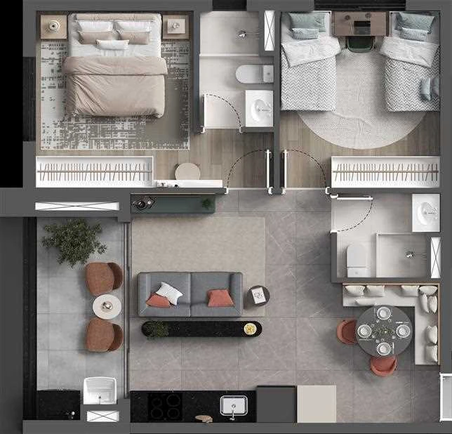 Planta 1 Dormitório 59m² - Apartamento com 1 quarto