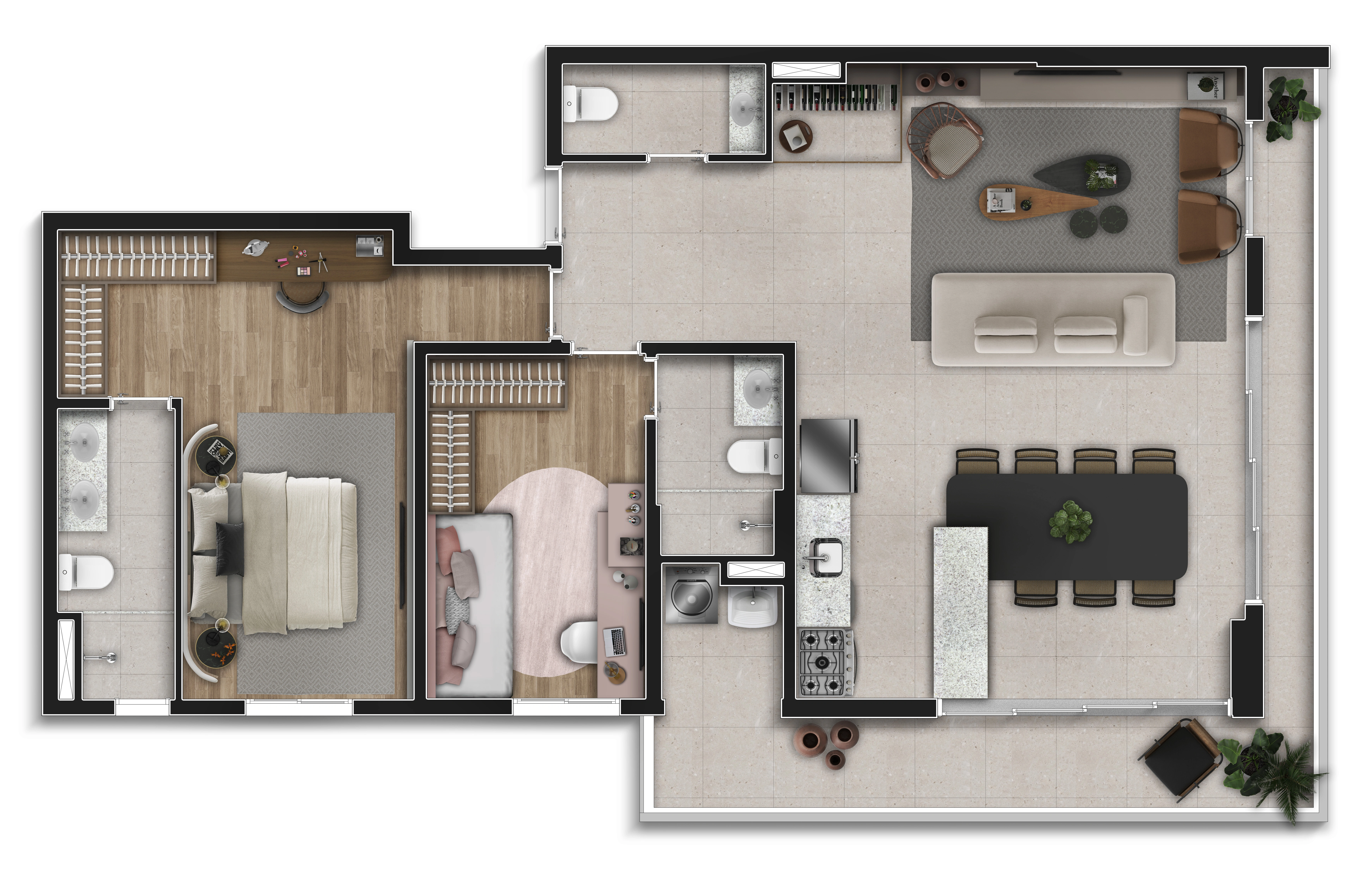 Planta 107m² — 2 suítes com sala ampliada — Vitra Alphaville