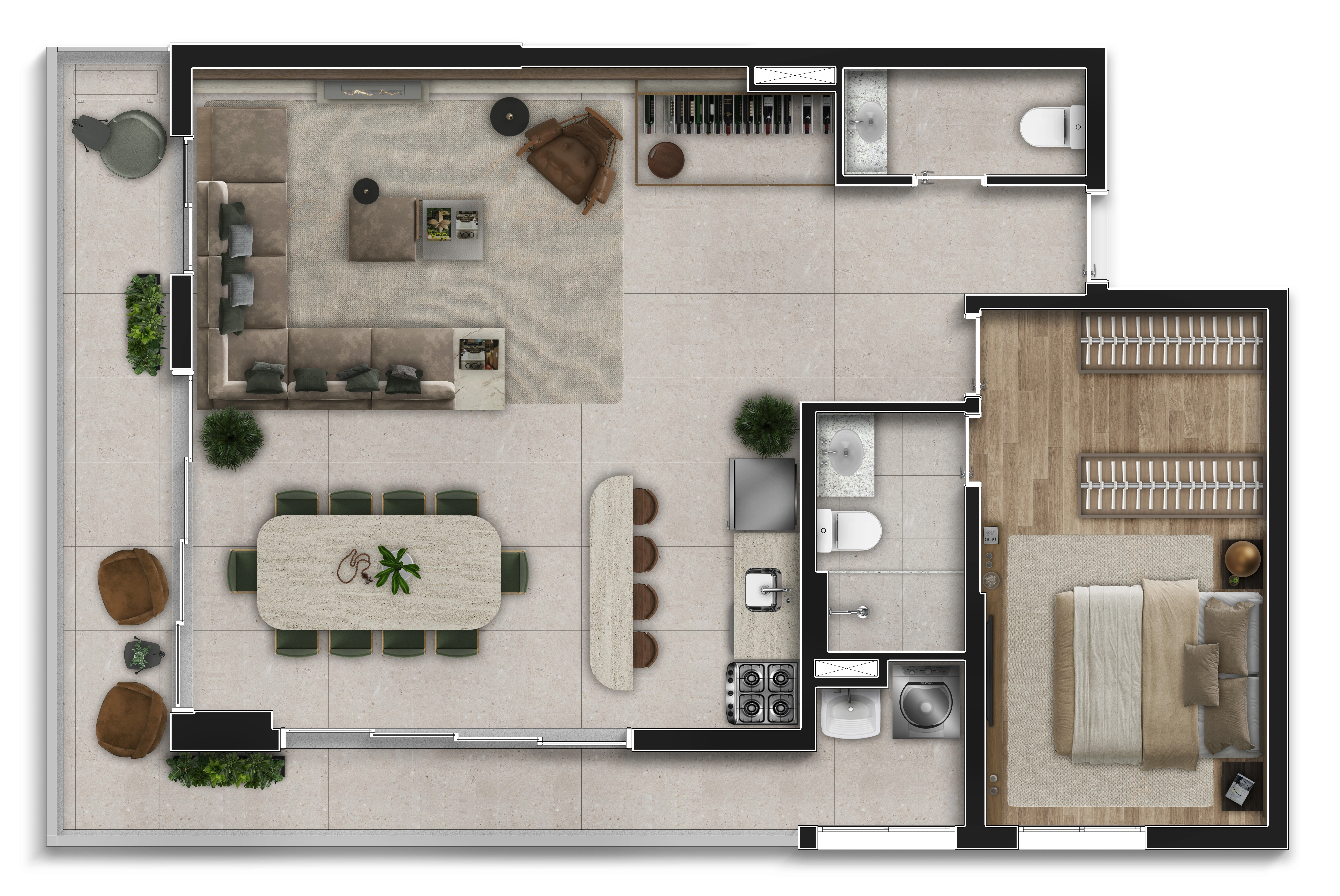 Planta 84m² — 1 suíte com sala ampliada — Vitra Alphaville